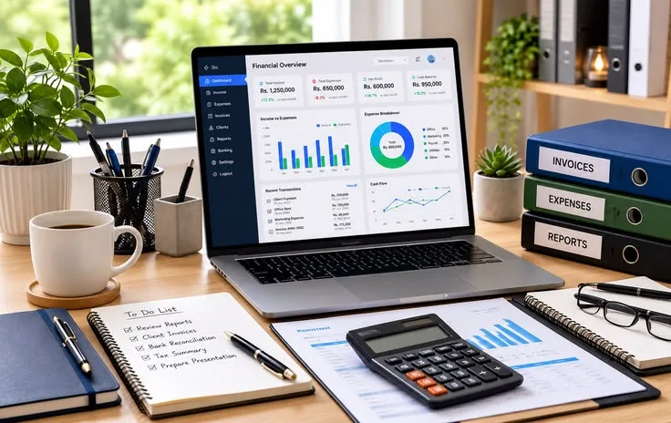 Desk with a laptop showing a financial overview dashboard, beside binders labelled invoices, expenses and reports
